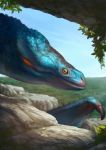  2017 blue_scales day detailed_background digital_media_(artwork) dragon feral kur0i kuroi-kisin moss orange_eyes outside scales sky solo 
