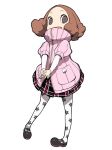  brown_eyes brown_hair highres mary_janes official_art okumura_haru pantyhose persona persona_5 persona_q2:_new_cinema_labyrinth persona_q_(series) pink_sweater plaid plaid_skirt print_legwear ribbed_sweater shoes shuujin_academy_uniform skirt solo source_request sweater white_legwear 