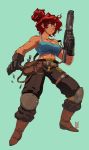  90s baggy_pants belt belt_pouch biceps black_gloves breasts bullet cleavage commentary crop_top dark_skin david_liu english_commentary full_body gloves green_background gun hair_bun highres knee_pads large_breasts long_hair machine_pistol maria_(space_maria) midriff pants pouch red_eyes red_hair short_hair smile solo space_maria strap tank_top taut_clothes toned trigger_discipline updo weapon 