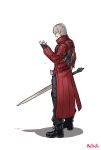  bloody_hands bloody_weapon boots coat dante_(devil_may_cry) devil_may_cry devil_may_cry_3 fingerless_gloves gloves gun hallot handgun highres holding holding_sword holding_weapon holster looking_at_hand medium_hair pistol red_coat signature simple_background standing sword weapon white_background white_hair 