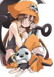  anchor black_gloves brown_eyes brown_hair clenched_teeth eyebrows_visible_through_hair fingerless_gloves gloves guilty_gear hat ixy long_hair looking_at_viewer may_(guilty_gear) orange_hat pirate_hat simple_background sitting skull smile solo teeth white_background 