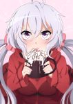  ahoge blush breasts commentary cup dress hot_chocolate long_sleeves mug nashirasauce purple_eyes red_dress scrunchie senki_zesshou_symphogear silver_hair simple_background solo tongue twintails twitter_username whipped_cream yukine_chris 