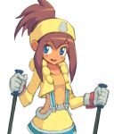  blue_eyes blush brown_hair child cowboy_shot cropped_jacket gloves hair_between_eyes headband high_ponytail long_hair nameshida_ai open_mouth rockman ryuusei_no_rockman ryuusei_no_rockman_2 simple_background ski_pole smile solo white_background white_gloves yellow_headband yuusuke_(5yusuke3) 