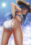  1girl akiki ass ass_grab bare_shoulders bikini blue_hair blush cameltoe deep_skin embarrassed flat_chest from_behind from_below hat hinanawi_tenshi leaning leaning_forward long_hair looking_at_viewer looking_back looking_down open_mouth red_eyes shiny shiny_skin solo swimsuit touhou 
