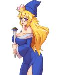  bare_shoulders blonde_hair blue_hat blue_robe blush breasts cleavage cowboy_shot crown eyebrows_visible_through_hair from_side genderswap genderswap_(mtf) glasses hat kamek large_breasts long_hair mario_(series) new_super_mario_bros._u_deluxe off_shoulder okamura_(okamura086) open_mouth purple_eyes shiny shiny_skin side_slit simple_background super_crown wand white_background wizard_hat 