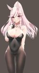  absurdres arm_behind_back black_gloves black_leotard braid breasts bunnysuit cleavage detached_collar fire_emblem fire_emblem:_kakusei gloves grey_background highres large_breasts leotard long_hair olivia_(fire_emblem) pantyhose parted_lips pink_eyes pink_hair ponytail simple_background skeptycally solo strapless strapless_leotard twin_braids twitter_username 