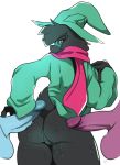  anthro anus balls black_fur butt caprine crossgender cum deltarune disembodied_penis erection eyewear female fur glasses goat hat humanoid_penis karakylia looking_at_viewer looking_back male male/female mammal penis pussy ralsei scarf simple_background standing white_background 