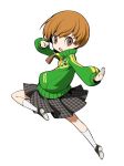 brown_eyes brown_hair highres houndstooth jacket official_art persona persona_4 persona_q2:_new_cinema_labyrinth persona_q_(series) satonaka_chie skirt socks solo source_request tomboy track_jacket yasogami_school_uniform 