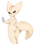  :3 aggressive_retsuko animal_ears ass breasts cellphone commentary fenneko fox_ears fox_tail from_behind furry highres holding holding_cellphone holding_phone large_breasts legs_together looking_at_viewer looking_back nude phone pussy simple_background slugbox smile solo standing tail white_background 