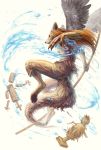  2015 4_toes anthro barefoot black_nose brown_hair canine digital_media_(artwork) digitigrade feathered_wings feathers hair hybrid kur0i kuroi-kisin mammal toes white_feathers wings wolf 