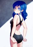  adjusting_clothes adjusting_swimsuit aikatsu! aikatsu!_(series) ass back back_cutout blue_eyes blue_hair breasts casual_one-piece_swimsuit commentary_request competition_swimsuit cowboy_shot from_behind hair_down kiriya_aoi long_hair looking_at_viewer looking_back mo_sabo one-piece_swimsuit shaded_face shadow small_breasts smile solo swimsuit twitter_username 