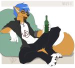  2018 5_fingers anthro black_nose blue_hair canine clothed clothing digital_media_(artwork) dog eyewear glasses hair male mammal sitting smile solo wolflady 