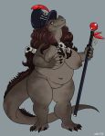  anthro big_breasts breasts dbd featureless_crotch female hair hat iguana lizard looking_at_viewer mostly_nude nipples overweight overweight_female reptile scalie solo staff standing 