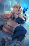  ass blonde_hair blue_eyes blue_gloves blue_legwear breasts circlet commentary commission cutesexyrobutts gloves high_heels highres ice kolin large_breasts long_hair looking_at_viewer lying on_side parted_lips patreon_username snow solo street_fighter street_fighter_v thick_thighs thighhighs thighs 