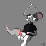  absurd_res anthro balls black_fur blue_eyes bottomless buckteeth clothed clothing cmibond flustered fur grey_background hi_res male mammal partially_clothed penis presenting rat remmy_(cmibond) rodent shirt simple_background sitting solo tapering_penis teal_eyes teeth tongue tongue_out white_fur 