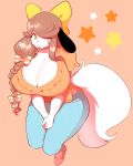  2018 absurd_res anthro big_breasts blush blush_stickers braided_hair breasts brown_hair canine cleavage clothed clothing dog female fully_clothed hair hair_bow hair_over_eye hair_ribbon hi_res holly_applebee huge_breasts long_hair looking_at_viewer mammal ribbons simple_background solo theycallhimcake yellow_eyes 