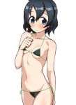  bikini black_hair blue_eyes blush breasts collarbones hand_on_chest kaban_(kemono_friends) kemono_friends looking_at_viewer navel satou_(su9arsatou) simple_background small_breasts smile string_bikini sweat swimsuit 