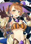  beatrix_(granblue_fantasy) black_gloves blue_hat blue_sleeves bra breasts brown_eyes brown_hair choker cleavage collarbone detached_sleeves eyebrows_visible_through_hair flower gloves granblue_fantasy hakuishi_aoi hat hat_flower hat_ribbon long_hair long_sleeves looking_at_viewer medium_breasts midriff navel open_mouth purple_flower ribbon shiny shiny_hair side_ponytail solo stomach strapless strapless_bra striped striped_bra striped_ribbon underboob underwear upper_body witch_hat 