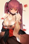  autumn_leaves bangs bare_shoulders bikini black_bikini black_legwear blush breasts brown_background closed_mouth collarbone commentary_request eyebrows_visible_through_hair halter_top halterneck head_tilt headphones highres holding_cable japanese_clothes kimono kimono_pull large_breasts machimura_komori obi orange_kimono original pantyhose red_eyes red_hair sash sidelocks simple_background sitting solo sweat swimsuit twintails wariza wide_sleeves 