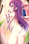  ass bathroom blush breasts cowboy_shot floating_hair from_behind gochuumon_wa_usagi_desu_ka? hair_between_eyes highres long_hair looking_at_viewer medium_breasts nude open_mouth pix_mloof purple_hair red_eyes sideboob soap solo standing tedeza_rize very_long_hair 