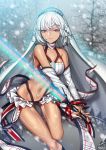  altera_(fate) black_panties blurry blurry_background bra breasts choker cleavage collarbone dark_skin fate/grand_order fate_(series) hairband highres holding holding_sword holding_weapon leg_up looking_at_viewer medium_breasts navel outdoors panties red_eyes rewolf short_hair silver snowing solo sword underwear weapon white_bra 