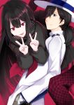  1girl :d ameshizuku_natsuki bangs black_hair black_scarf black_shirt black_skirt brown_eyes commentary_request double_v eyebrows_visible_through_hair fate/grand_order fate_(series) gloves hair_between_eyes hair_over_one_eye hat jacket long_hair long_sleeves looking_at_viewer low_ponytail neckerchief open_mouth oryou_(fate) pleated_skirt red_background red_eyes red_neckwear sakamoto_ryouma_(fate) scarf shirt skirt smile v very_long_hair white_gloves white_hat white_jacket 