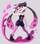  1girl aori_(splatoon) artist_name black_hair black_jumpsuit brown_eyes commentary_request detached_collar domino_mask earrings fangs food food_on_head full_body gloves gradient_hair grey_background head_tilt heart heart_hands inumaru_akagi jewelry long_hair looking_at_viewer mask mole mole_under_eye multicolored_hair object_on_head open_mouth paint_splatter pantyhose pointy_ears purple_hair purple_legwear short_jumpsuit smile solo sparkle splatoon_(series) splatoon_1 standing strapless tentacle_hair 