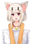  :d absurdres animal_ear_fluff animal_ears animal_hood bangs bell blush brown_hair cat_ears cat_hood collarbone commentary eyebrows_visible_through_hair fate/kaleid_liner_prisma_illya fate_(series) frilled_pillow frills hair_between_eyes head_tilt highres hood hood_up illyasviel_von_einzbern jingle_bell long_hair long_sleeves natsu_(sinker8c) nekoarc open_mouth pillow raglan_sleeves red_eyes round_teeth shirt sidelocks simple_background smile solo teeth upper_teeth white_background white_shirt 