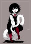  1girl black_hair black_skin child dress female monster_girl open_mouth original pale_skin rai-rai red_eyes red_legwear sharp_teeth short_hair solo tail teeth white_skin 