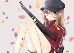  :d ass bangs black_hat blurry blurry_foreground brown_background brown_hair commentary_request convenient_leg depth_of_field eyebrows_visible_through_hair feet_out_of_frame fingernails flat_cap gun hachimitsu_honey hair_between_eyes hat highres holding holding_gun holding_weapon jacket long_hair long_sleeves looking_at_viewer nail_polish open_mouth original pink_nails purple_eyes red_jacket simple_background sitting smile solo track_jacket weapon weapon_request zipper_pull_tab 