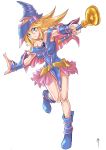  1girl artist_request blonde_hair boots breasts cleavage dark_magician_girl female green_eyes hat large_breasts long_hair magical_girl shiny shiny_skin skirt smile solo yu-gi-oh! yuu-gi-ou yuu-gi-ou_duel_monsters 