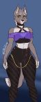  2018 amber_eyes anthro black_nose braided_hair breasts camel_toe canine castbound choker clothed clothing crop_top digital_media_(artwork) dipstick_tail eyebrows female fluffy fluffy_tail fully_clothed fur goth grey_fur hair looking_at_viewer mammal midriff multicolored_fur multicolored_tail pants shirt signature simple_background small_breasts solo standing thick_thighs tight_clothing translucent transparent_clothing two_tone_fur wide_hips wolf wolfgirl_(castbound) 