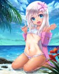  beach bikini blonde_hair blue_eyes blue_sky cloud commentary_request day flower frilled_bikini frills hair_ribbon highres horizon jacket kantai_collection leaf long_hair looking_at_viewer ninjin99 ocean one-piece_tan open_clothes open_jacket open_mouth outdoors pink_jacket ribbon ro-500_(kantai_collection) rock seiza sitting sky smile solo swimsuit tan tanline white_bikini 