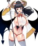  armpits ass_visible_through_thighs black_hair blue_eyes bow bowtie breasts curvy demon_girl demon_horns demon_tail demon_wings detached_sleeves hair_ribbon highres horns huge_breasts looking_at_viewer masao navel nipples open_mouth original ponytail ribbon skindentation solo tail thick_thighs thighhighs thighs wings 