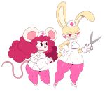  2018 5_fingers anthro black_eyes breasts clothed clothing duo evil_grin female fifi_(sssonic2) fingers freckles fully_clothed gloves glowing glowing_eyes hair hand_on_hip hat holding_object lagomorph legwear mammal mouse nurse nurse_hat nurse_uniform rabbit red_hair rodent scissors sharp_teeth short_stack simple_background smile sssonic2 standing stockings sweat teeth thick_thighs uniform valentina_(sssonic2) white_background wide_hips 