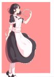 apron black_hair closed_eyes commentary frills hair_ornament_removed hairband_removed hennekobakatesu highres holding maid maid_apron maid_headdress mary_janes original puffy_short_sleeves puffy_sleeves shoes short_hair short_sleeves simple_background solo 