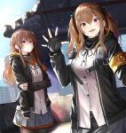  bangs black_legwear blue_sky blush breasts brown_eyes brown_hair cityscape cloud commentary_request eyebrows_visible_through_hair fingerless_gloves girls_frontline gloves hair_between_eyes hair_ornament hairclip hand_up highres holding_arm hood hooded_jacket jacket long_hair looking_at_viewer multiple_girls neck_ribbon oekakizuki one_side_up open_mouth outdoors pantyhose red_eyes ribbon ruins scar scar_across_eye scarf shirt skirt sky smile twintails ump45_(girls_frontline) ump9_(girls_frontline) white_shirt 