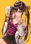  :p animal_print arm_up bangs bare_shoulders black_skirt blush bow brown_bow brown_eyes brown_hair closed_mouth commentary_request eyebrows_visible_through_hair fingernails fur-trimmed_jacket fur-trimmed_sleeves fur_trim hair_between_eyes hair_bow highres idolmaster idolmaster_cinderella_girls jacket long_hair long_sleeves looking_at_viewer matoba_risa migimaki_(migi_mawashi) off-shoulder_shirt off_shoulder open_clothes open_jacket pleated_skirt print_bow print_shirt shirt simple_background skirt smile solo tiger_print tongue tongue_out twintails very_long_hair white_jacket yellow_background 