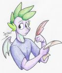 2018 anthro anthrofied dialogue dragon feathers flicker-show friendship_is_magic green_eyes loose_feather male my_little_pony paper quill solo spike_(mlp) teenager wings young 