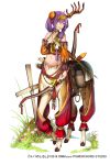  antler arrow bare_shoulders bow_(weapon) centaur cross detached_sleeves flower full_body grass hair_bun hair_tubes holding holding_bow_(weapon) holding_weapon looking_at_viewer midriff monster_girl muneate navel official_art purple_hair quiver saddlebags side_bun simple_background solo standing stirrups weapon white_background yellow_eyes yuba_no_shirushi zenmaibook 