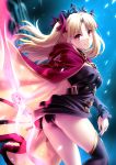  ass asymmetrical_legwear asymmetrical_sleeves bangs black_dress black_legwear blonde_hair blush breasts cape closed_mouth commentary_request dress ereshkigal_(fate/grand_order) fate/grand_order fate_(series) highres hips long_hair looking_at_viewer parted_bangs red_cape red_eyes red_ribbon ribbon short_dress single_sleeve single_thighhigh skull smile solo spine thighhighs thighs tiara two_side_up weapon zen 