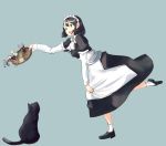  black_hair cat commentary_request cup drinking_glass drinking_straw full_body hennekobakatesu highres ice ice_cube looking_at_viewer maid maid_headdress original short_hair simple_background skirt_hold spilling tray tripping 