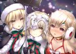  albino altera_(fate) altera_the_santa artoria_pendragon_(all) black_gloves black_santa_costume blonde_hair blush bow bowtie choker earmuffs fate/grand_order fate_(series) gloves hane_yuki headpiece highres holding jeanne_d'arc_(fate)_(all) jeanne_d'arc_alter_santa_lily long_hair multiple_girls red_eyes santa_alter santa_costume shiny shiny_skin short_hair striped striped_bow upper_body white_bow white_hair yellow_eyes 