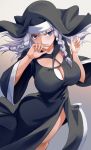  black_dress blue_eyes braid breasts cleavage covering_mouth dress eyes_visible_through_hair gradient gradient_background habit hair_tie hands_up large_breasts long_hair looking_at_viewer nun obaoba_(monkeyix) original side_slit silver_hair solo standing twin_braids wide_sleeves 