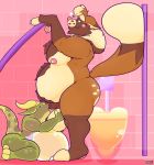  &lt;3 anthro balls bathroom big_balls big_dom_small_sub canine cum cum_in_mouth cum_inflation cum_inside duo fellatio inflation kneeling male male/male mammal nude oral overweight overweight_male public_restroom restroom_stall rookitanuki scalie sex size_difference smile standing tanuki 