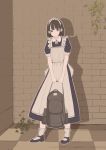  absurdres apron backpack backpack_removed bag black_hair bob_cut commentary full_body hennekobakatesu highres holding maid maid_apron maid_headdress mary_janes original shadow shoes short_hair solo wall 