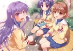  antenna_hair bench black_legwear blue_hair blue_skirt book brown_eyes brown_hair cherry_blossoms clannad commentary_request fujibayashi_kyou furukawa_nagisa hair_bobbles hair_ornament hair_ribbon hikarizaka_private_high_school_uniform ichinose_kotomi kneehighs long_hair misaki_juri multiple_girls pleated_skirt purple_eyes purple_hair ribbon sailor_collar short_hair sitting skirt socks two_side_up white_sailor_collar 