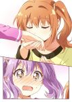  blush brown_eyes brown_hair closed_mouth collarbone comic eyebrows_visible_through_hair full-face_blush holding_hand multiple_girls namori official_art open_mouth purple_eyes purple_hair release_the_spyce sagami_fuu short_hair short_twintails simple_background sweat twintails yachiyo_mei yuri 