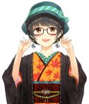  :d autumn_leaves black-framed_eyewear black_hair blue_bow blush bow brown_eyes commentary_request diagonal_stripes fingernails glasses green_hat hands_up hat hat_bow japanese_clothes kimono leaf long_sleeves looking_at_viewer miyabi_akino nail_polish obi open_mouth orange_kimono original pink_nails print_kimono sash simple_background smile solo striped striped_bow upper_body white_background wide_sleeves 