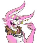  2018 3_fingers anthro buckteeth chain claws collar demon digital_drawing_(artwork) digital_media_(artwork) ear_piercing fangs front_view fur grin hi_res horn jewelry lagomorph long_ears looking_at_viewer madlag male mammal multicolored_fur open_mouth pecs piercing pink_fur portrait pose rabbit sharp_teeth smile solo solo_focus standing teeth tongue two_tone_fur 